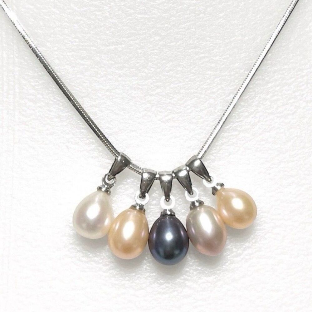 Pearl Dangle Charm Slider Necklace Dainty Pendants Silver Tone Snake Chain 17"